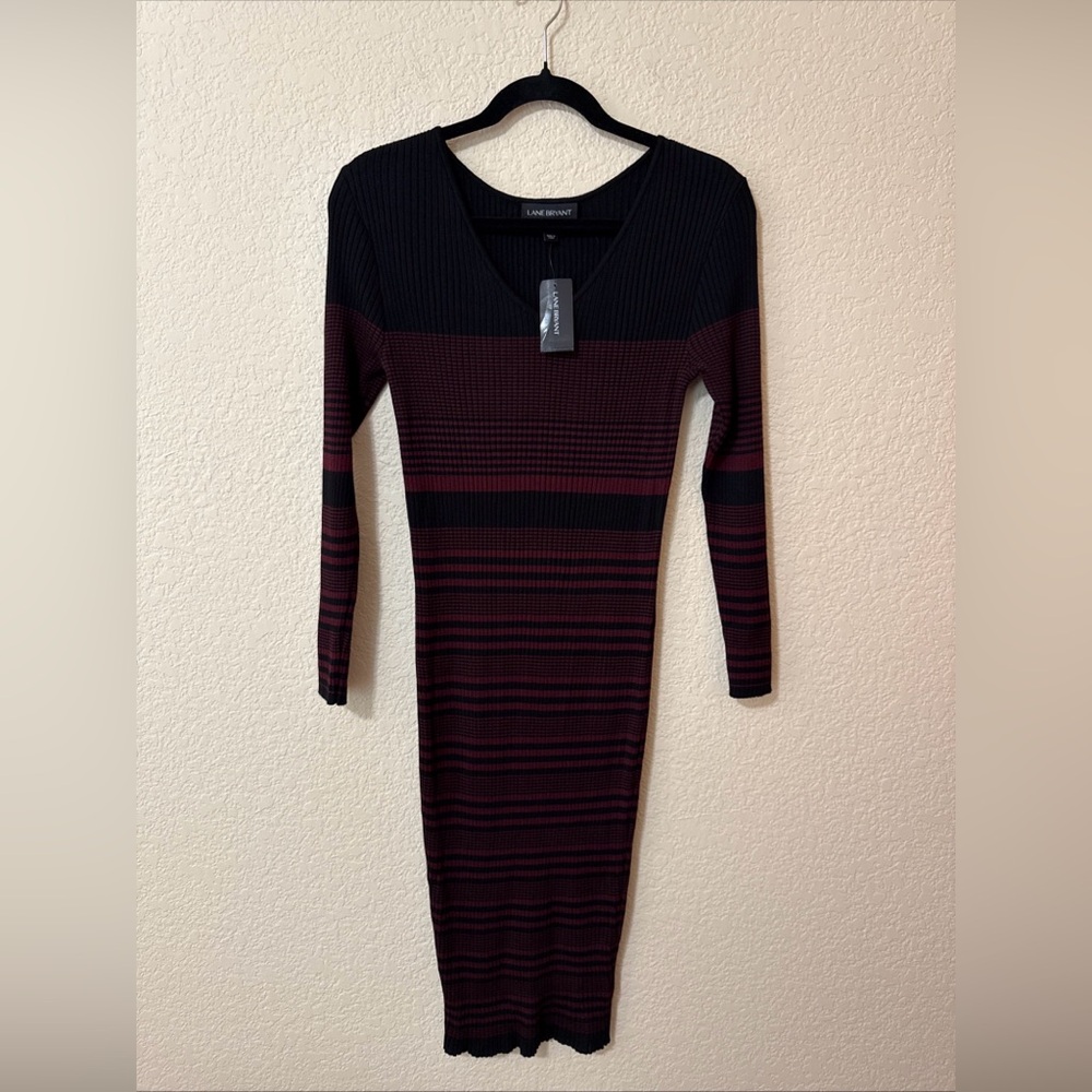 NWT Lane Bryant‎ Striped Long Sleeve V-neck Ribbed Bodycon Midi Knit Dress 10/12